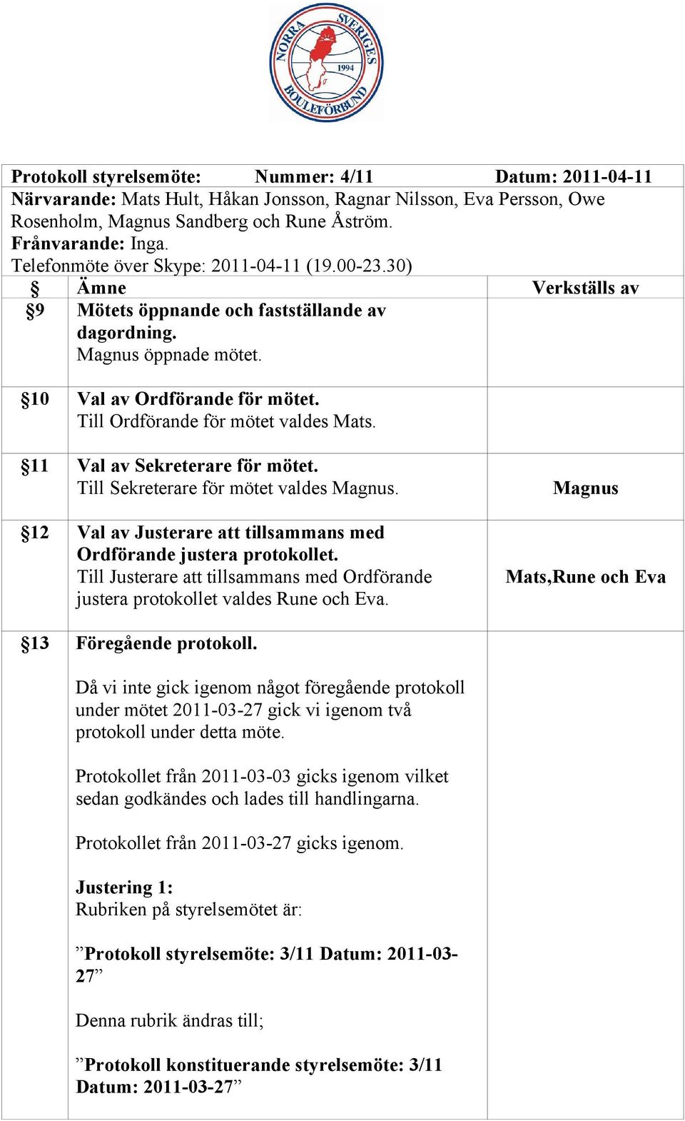 Till Ordförande för mötet valdes Mats. 11 Val av Sekreterare för mötet. Till Sekreterare för mötet valdes Magnus. 12 Val av Justerare att tillsammans med Ordförande justera protokollet.