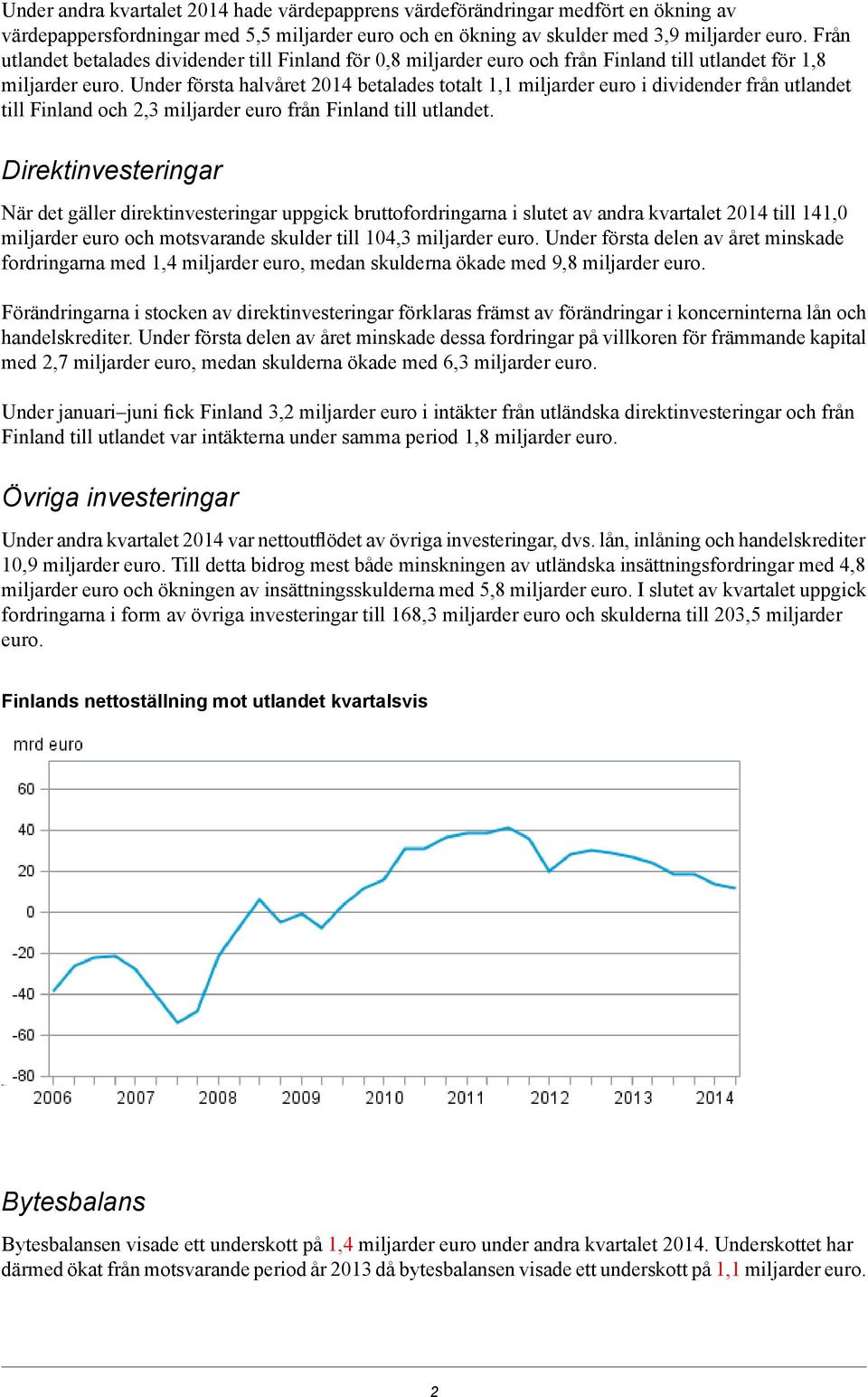 utlandet till Finland och 2,3 miljarder euro från Finland till utlandet Direktinvesteringar När det gäller direktinvesteringar uppgick bruttofordringarna i slutet av andra kvartalet 2014 till 141,0