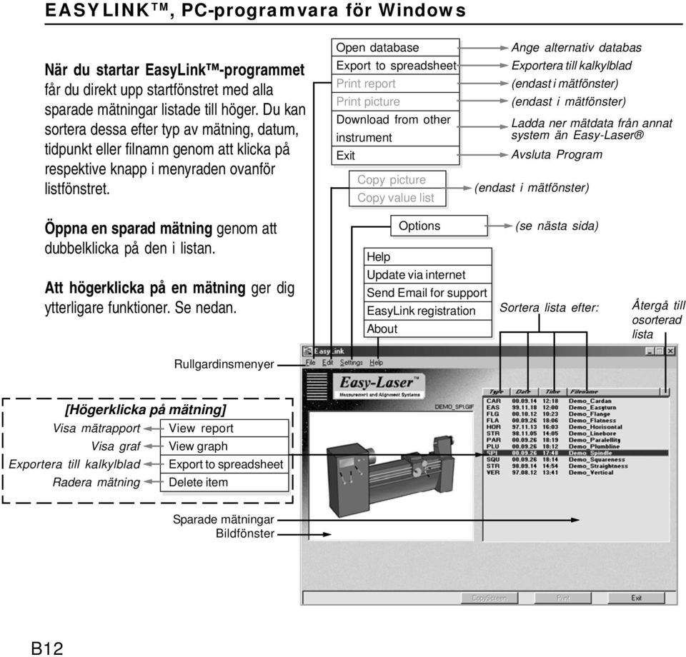 Open database Export to spreadsheet Print report Print picture Download from other instrument Exit Copy picture Copy value list Ange alternativ databas Exportera till kalkylblad (endast i mätfönster)