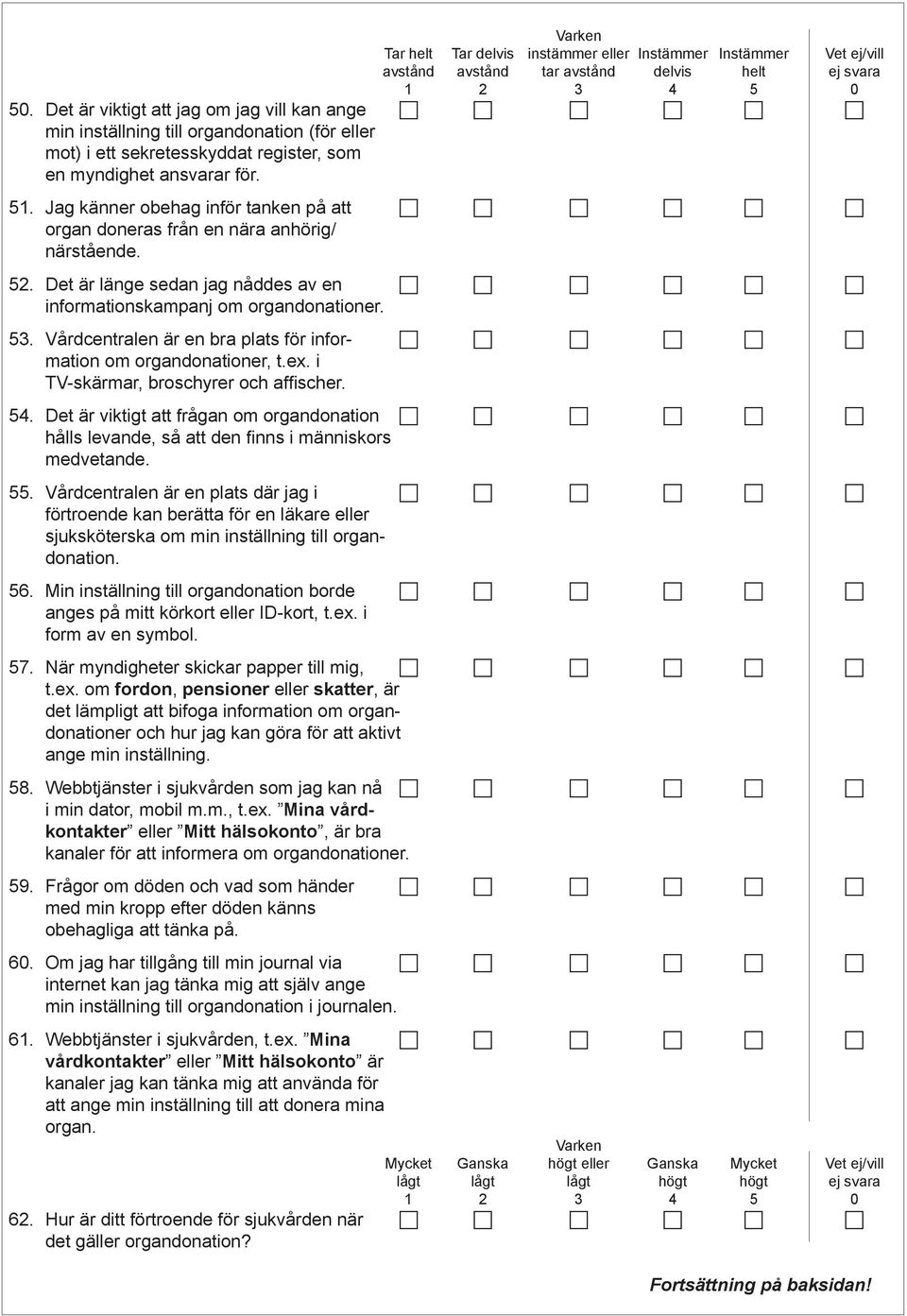 Jag känner obehag inför tanken på att organ doneras från en nära anhörig/ närstående. 52. Det är länge sedan jag nåddes av en informationskampanj om organdonationer. 53.