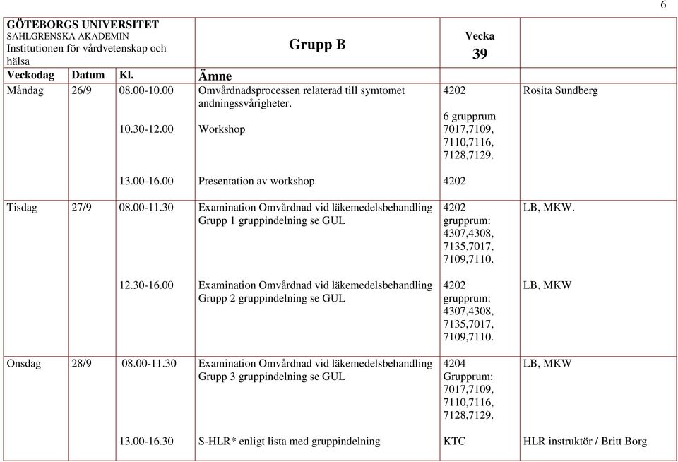 30 Examination Omvårdnad vid läkemedelsbehandling Grupp 1 gruppindelning se GUL 4202 grupprum: 4307,4308, 7135,7017, 7109,7110. LB, MKW. 12.30-16.