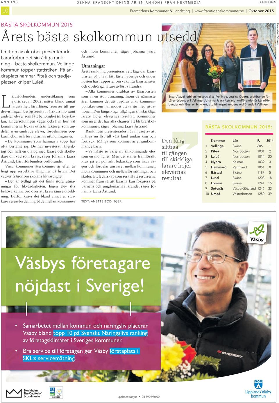 Vellnge kommun toppar statstken. På andraplats hamnar Pteå och tredjeplatsen knper Luleå.