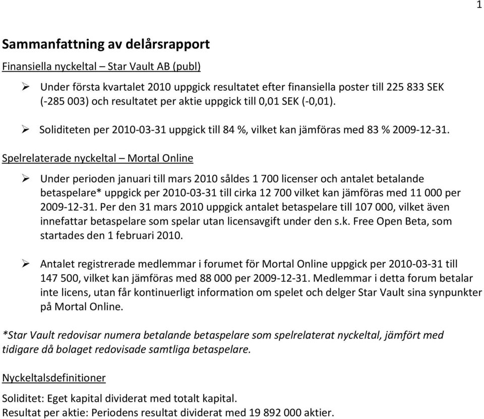 Spelrelaterade nyckeltal Mortal Online Under perioden januari till mars 2010 såldes 1 700 licenser och antalet betalande betaspelare* uppgick per 2010-03-31 till cirka 12 700 vilket kan jämföras med