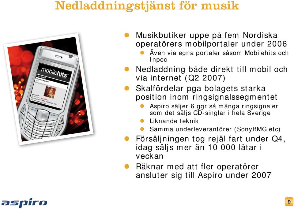 Aspiro säljer 6 ggr så många ringsignaler som det säljs CD-singlar i hela Sverige Liknande teknik Samma underleverantörer (SonyBMG etc)