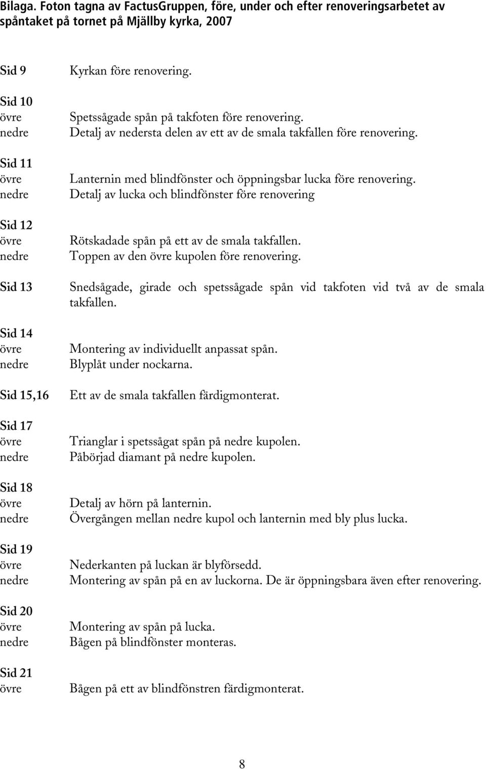 nedre Sid 15,16 Sid 17 övre nedre Sid 18 övre nedre Sid 19 övre nedre Sid 20 övre nedre Sid 21 övre Kyrkan före renovering. Spetssågade spån på takfoten före renovering.