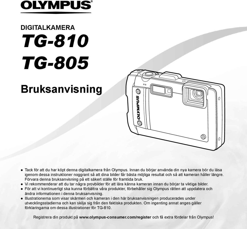 Förvara denna bruksanvisning på ett säkert ställe för framtida bruk. Vi rekommenderar att du tar några provbilder för att lära känna kameran innan du börjar ta viktiga bilder.