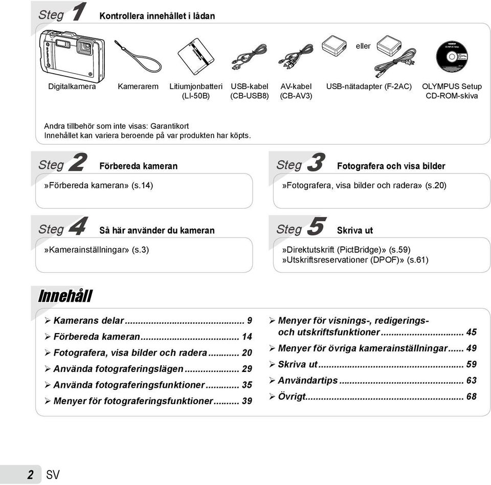 14) Steg 3 Fotografera och visa bilder»fotografera, visa bilder och radera» (s.20) Steg 4 Så här använder du kameran»kamerainställningar» (s.3) Steg 5 Skriva ut»direktutskrift (PictBridge)» (s.
