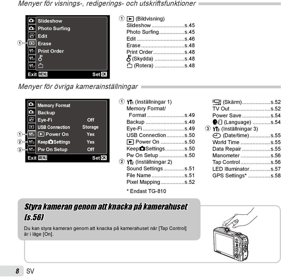 ..s.49 Backup...s.49 Eye-Fi...s.49 USB Connection...s.50 q Power On...s.50 KeepzSettings...s.50 Pw On Setup...s.50 2 s (Inställningar 2) Sound Settings...s.51 File Name...s.51 Pixel Mapping...s.52 s (Skärm).