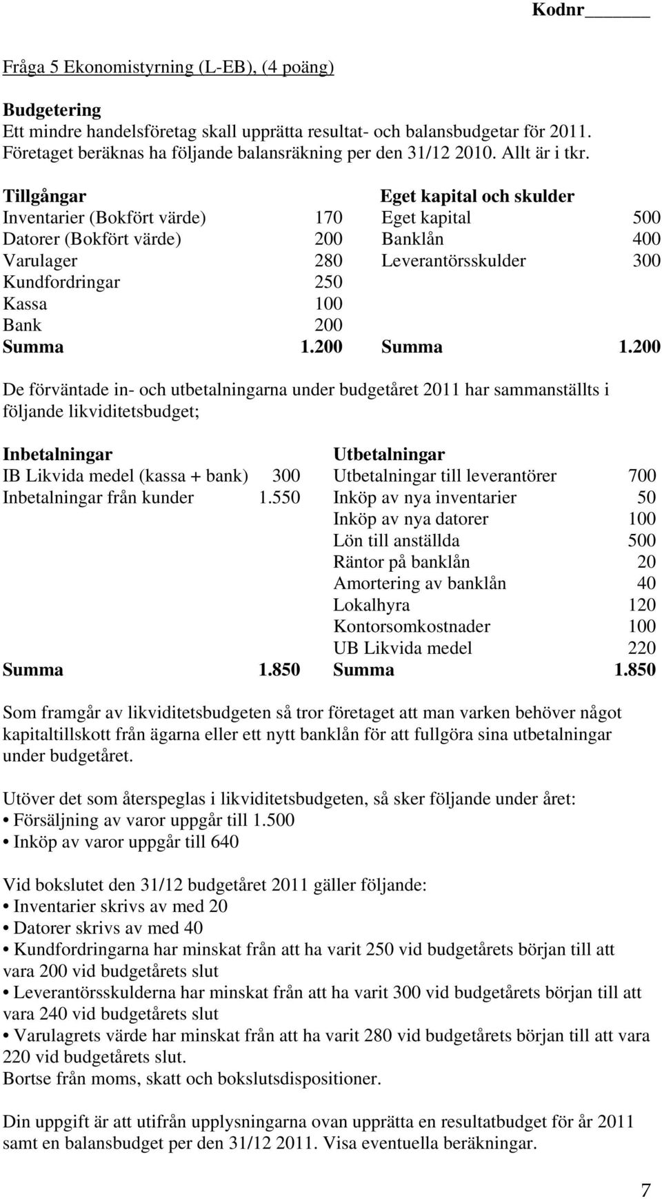 Tillgångar Eget kapital och skulder Inventarier (Bokfört värde) 170 Eget kapital 500 Datorer (Bokfört värde) 200 Banklån 400 Varulager 280 Leverantörsskulder 300 Kundfordringar 250 Kassa 100 Bank 200