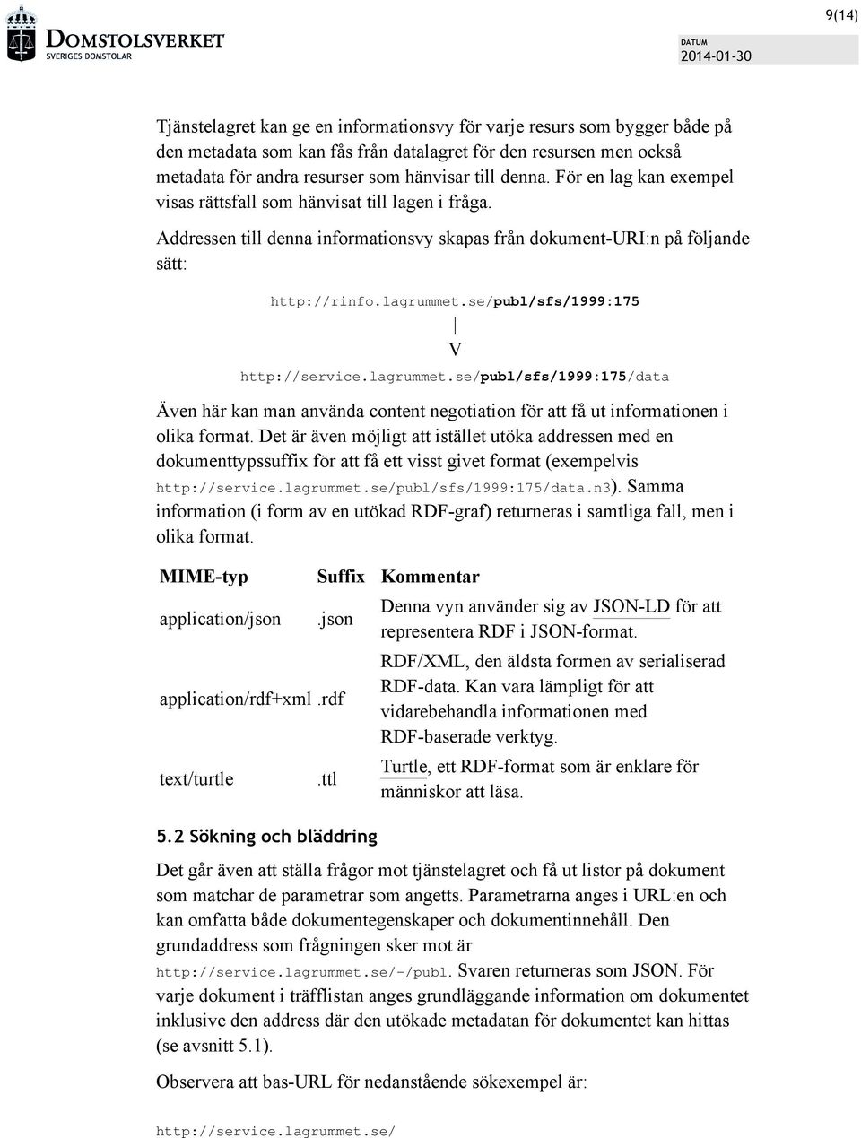 se/publ/sfs/1999:175 V http://service.lagrummet.se/ publ/sfs/1999:175/data Även här kan man använda content negotiation för att få ut informationen i olika format.