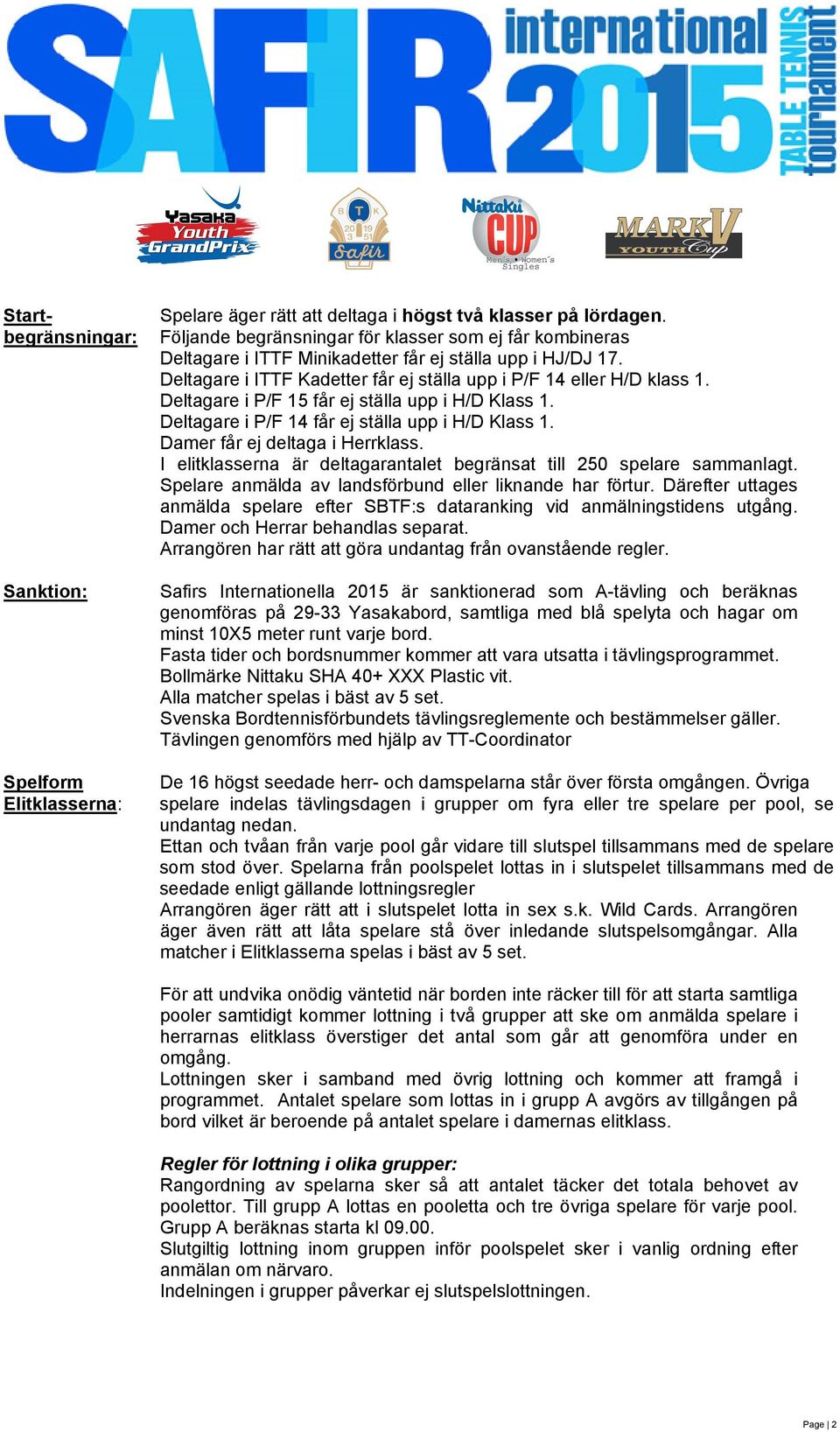 Deltagare i P/F 15 får ej ställa upp i H/D Klass 1. Deltagare i P/F 14 får ej ställa upp i H/D Klass 1. Damer får ej deltaga i Herrklass.