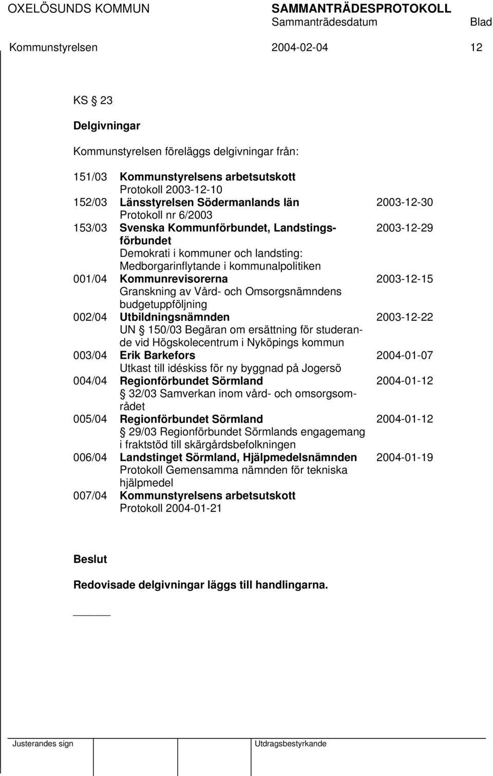 Omsorgsnämndens budgetuppföljning 002/04 Utbildningsnämnden UN 150/03 Begäran om ersättning för studerande vid Högskolecentrum i Nyköpings kommun 003/04 Erik Barkefors Utkast till idéskiss för ny