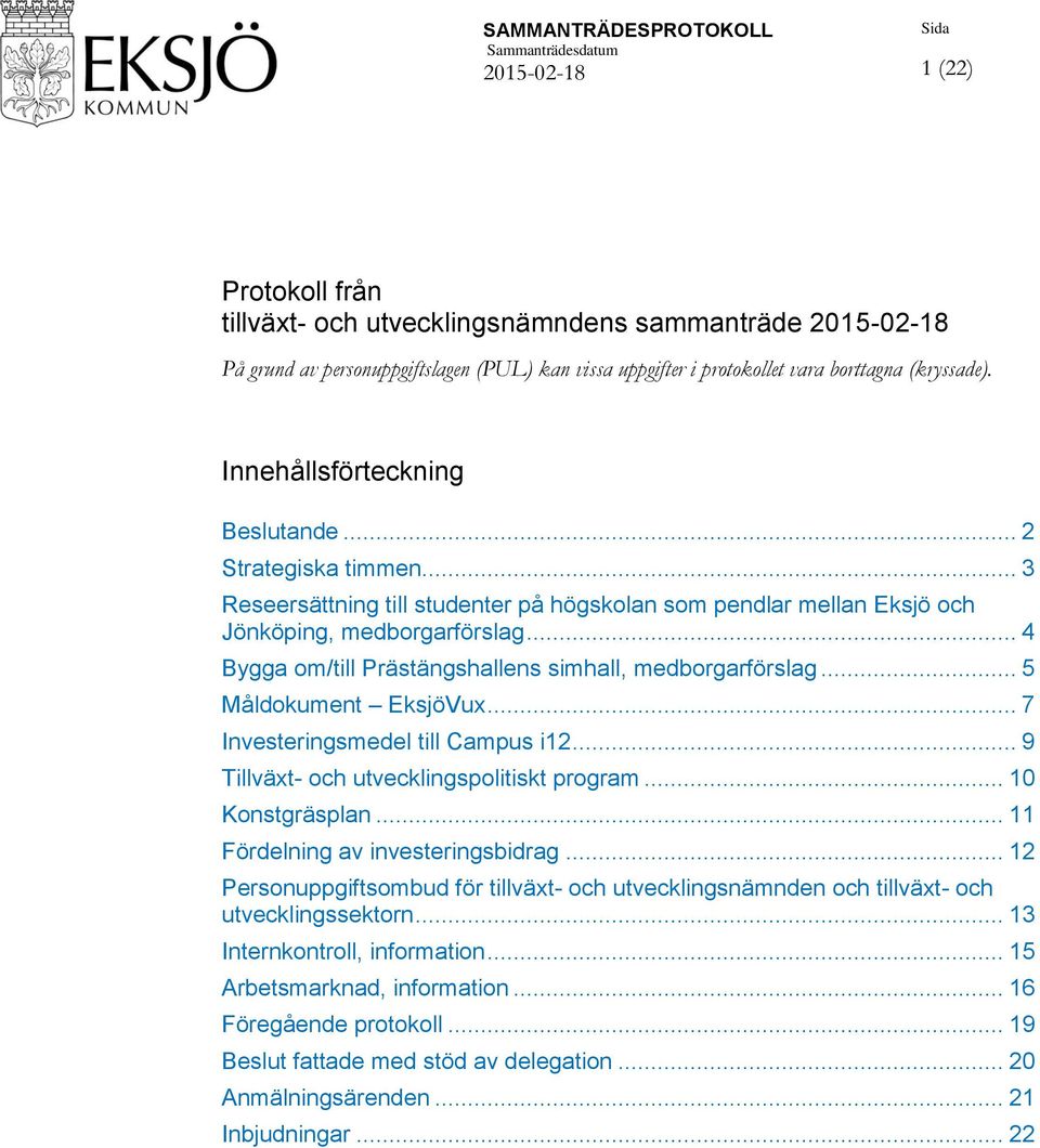 .. 4 Bygga om/till Prästängshallens simhall, medborgarförslag... 5 Måldokument EksjöVux... 7 Investeringsmedel till Campus i12... 9 Tillväxt- och utvecklingspolitiskt program... 10 Konstgräsplan.