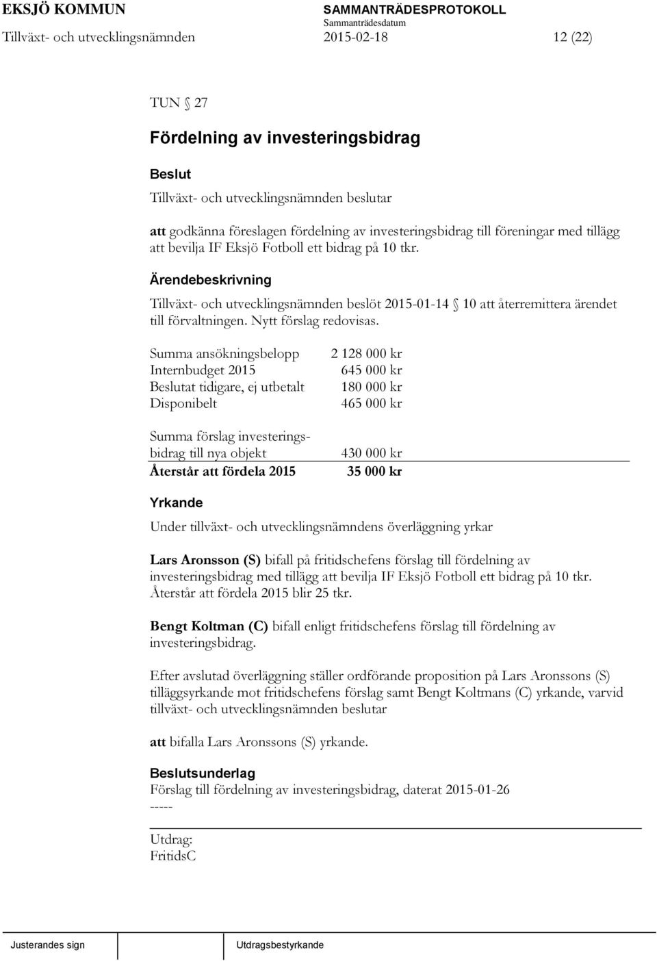 Summa ansökningsbelopp Internbudget 2015 at tidigare, ej utbetalt Disponibelt Summa förslag investeringsbidrag till nya objekt Återstår att fördela 2015 2 128 000 kr 645 000 kr 180 000 kr 465 000 kr