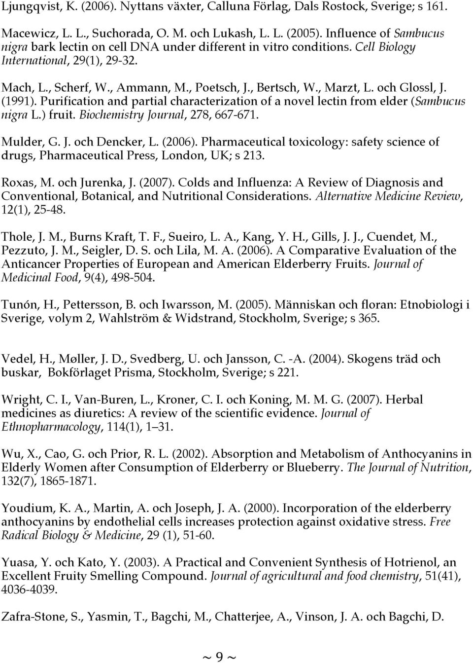 och Glossl, J. (1991). Purification and partial characterization of a novel lectin from elder (Sambucus nigra L.) fruit. Biochemistry Journal, 278, 667-671. Mulder, G. J. och Dencker, L. (2006).