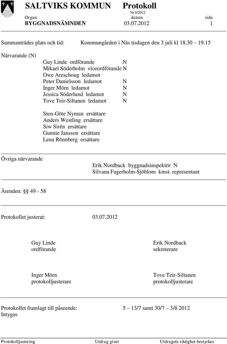 Teir-Siltanen ledamot N Sten-Göte Nyman ersättare Anders Westling ersättare Siw Sirén ersättare Gunnie Jansson ersättare Lena Rönnberg ersättare Övriga närvarande Erik Nordback