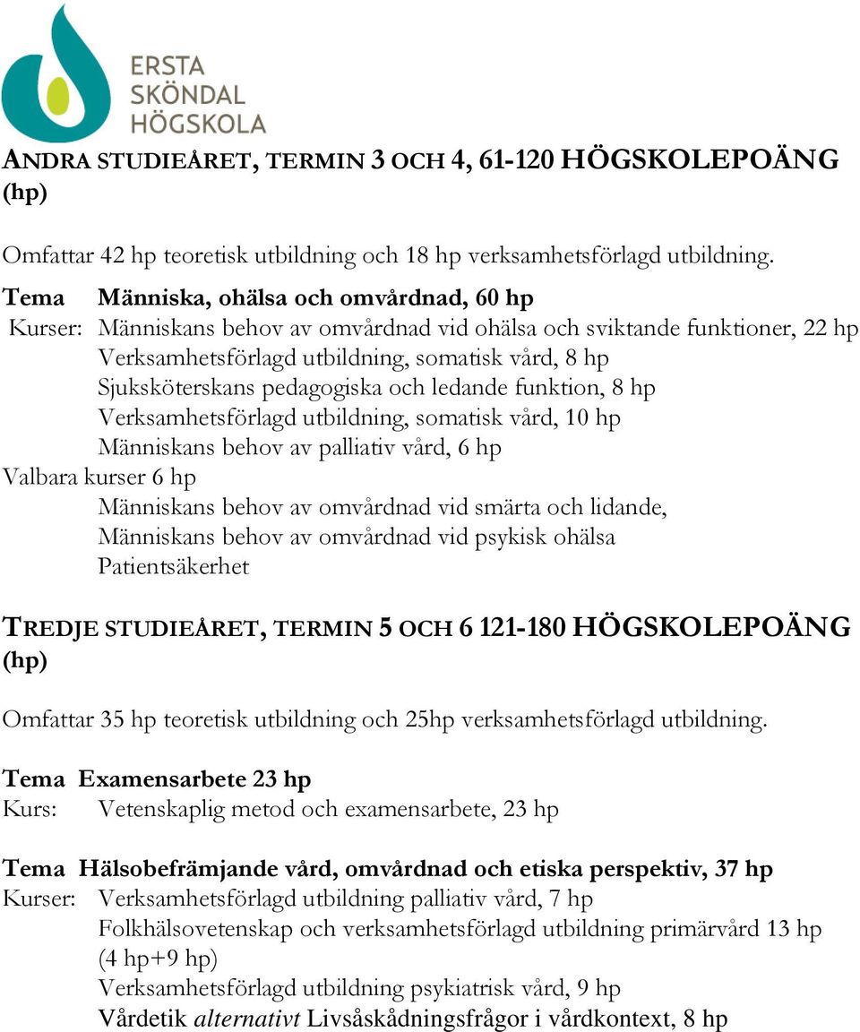ledande funktion, 8 hp Verksamhetsförlagd utbildning, somatisk vård, 10 hp Människans behov av palliativ vård, 6 hp Valbara kurser 6 hp Människans behov av omvårdnad vid smärta och lidande,