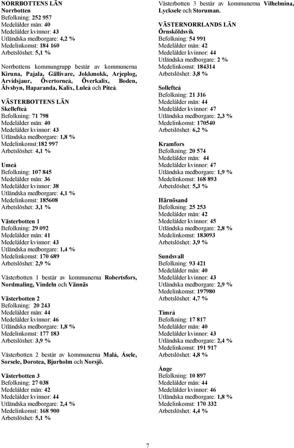 VÄSTERBOTTENS LÄN Skellefteå Befolkning: 71 798 Medelålder : 40 Medelålder : 43 Utländska medborgare: 1,8 % Medelinkomst:182 997 Arbetslöshet: 4,1 % Umeå Befolkning: 107 845 Medelålder : 36