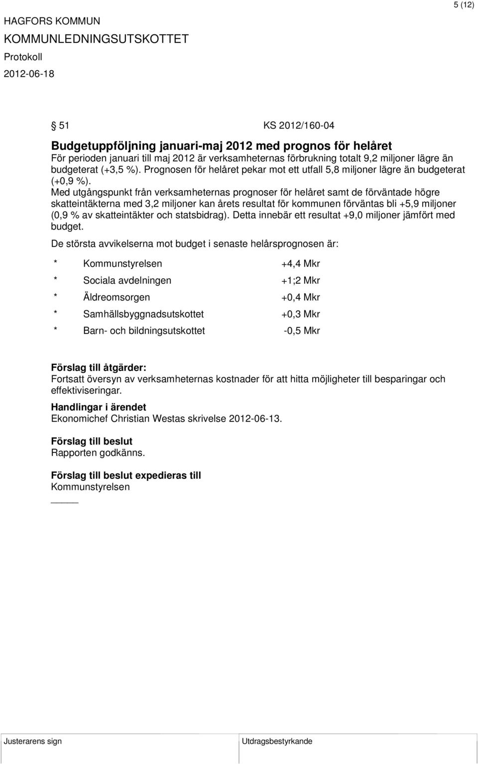 Med utgångspunkt från verksamheternas prognoser för helåret samt de förväntade högre skatteintäkterna med 3,2 miljoner kan årets resultat för kommunen förväntas bli +5,9 miljoner (0,9 % av