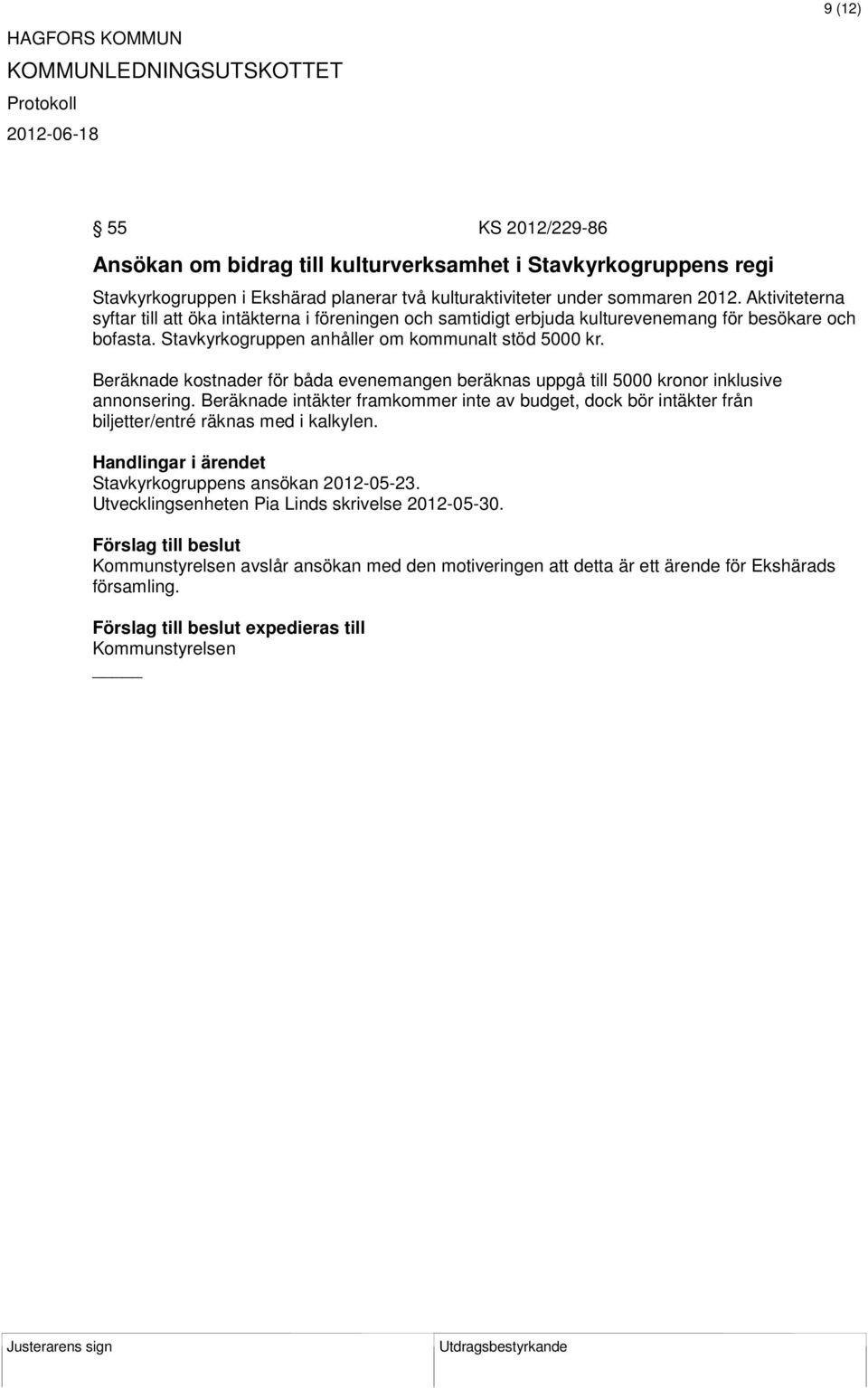 Beräknade kostnader för båda evenemangen beräknas uppgå till 5000 kronor inklusive annonsering.