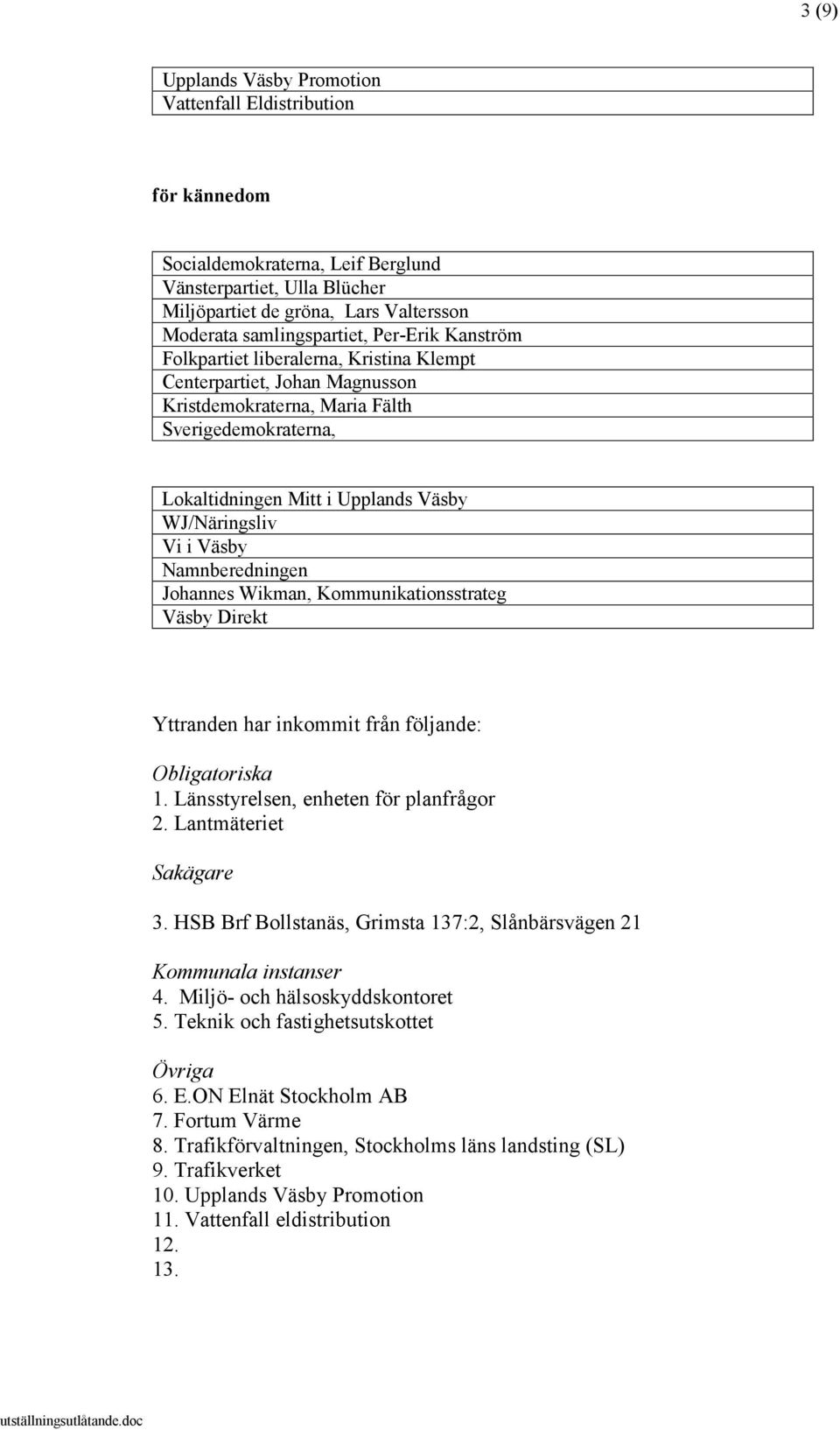 Väsby Namnberedningen Johannes Wikman, Kommunikationsstrateg Väsby Direkt Yttranden har inkommit från följande: Obligatoriska 1. Länsstyrelsen, enheten för planfrågor 2. Lantmäteriet Sakägare 3.