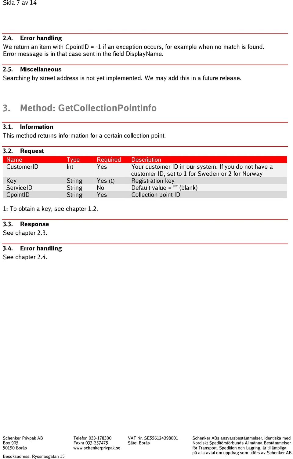 Information This method returns information for a certain collection point. 3.2. Request Name Type Required Description CustomerID Int Yes Your customer ID in our system.