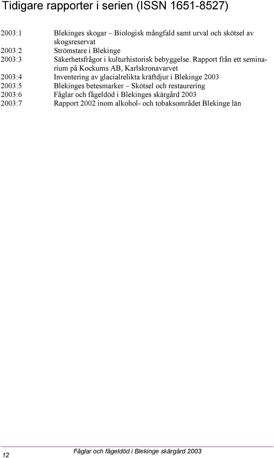 Rapport från ett seminarium på Kockums AB, Karlskronavarvet 2003:4 Inventering av glacialrelikta kräftdjur i Blekinge 2003 2003:5