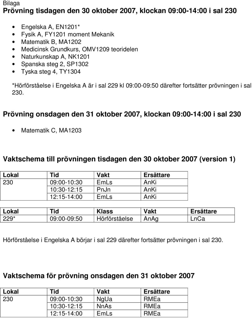 Prövning onsdagen den 31 oktober 2007, klockan 09:00-14:00 i sal 230 Matematik C, MA1203 Vaktschema till prövningen tisdagen den 30 oktober 2007 (version 1) Lokal Tid Vakt Ersättare 230 09:00-10:30