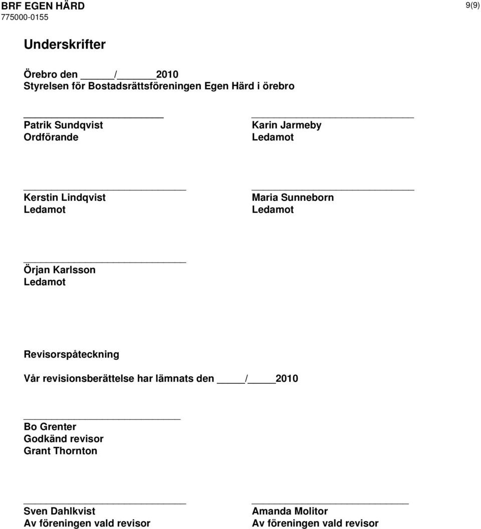 Ledamot Örjan Karlsson Ledamot Revisorspåteckning Vår revisionsberättelse har lämnats den / 2010 Bo