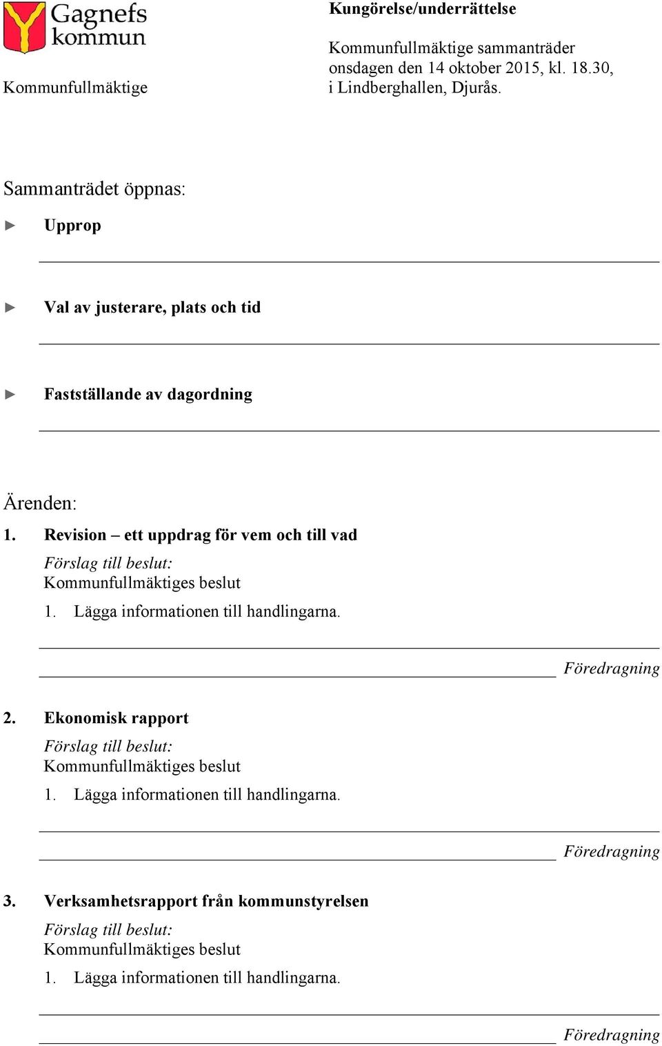Sammanträdet öppnas: Upprop Val av justerare, plats och tid Fastställande av dagordning Ärenden: 1.