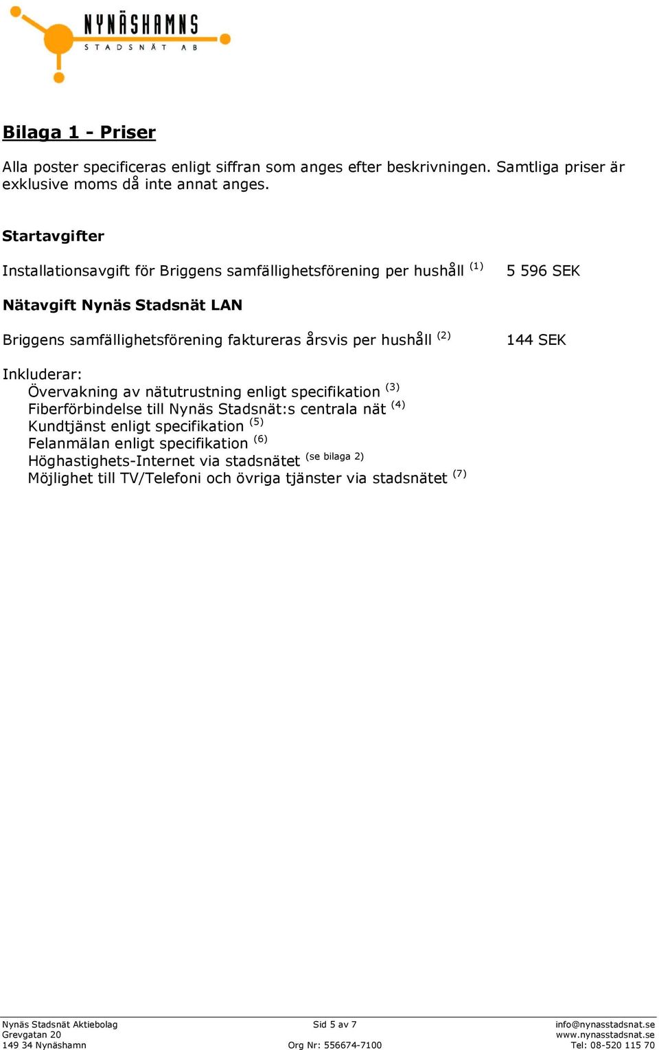 hushåll (2) 144 SEK Inkluderar: Övervakning av nätutrustning enligt specifikation (3) Fiberförbindelse till Nynäs Stadsnät:s centrala nät (4) Kundtjänst enligt specifikation (5)