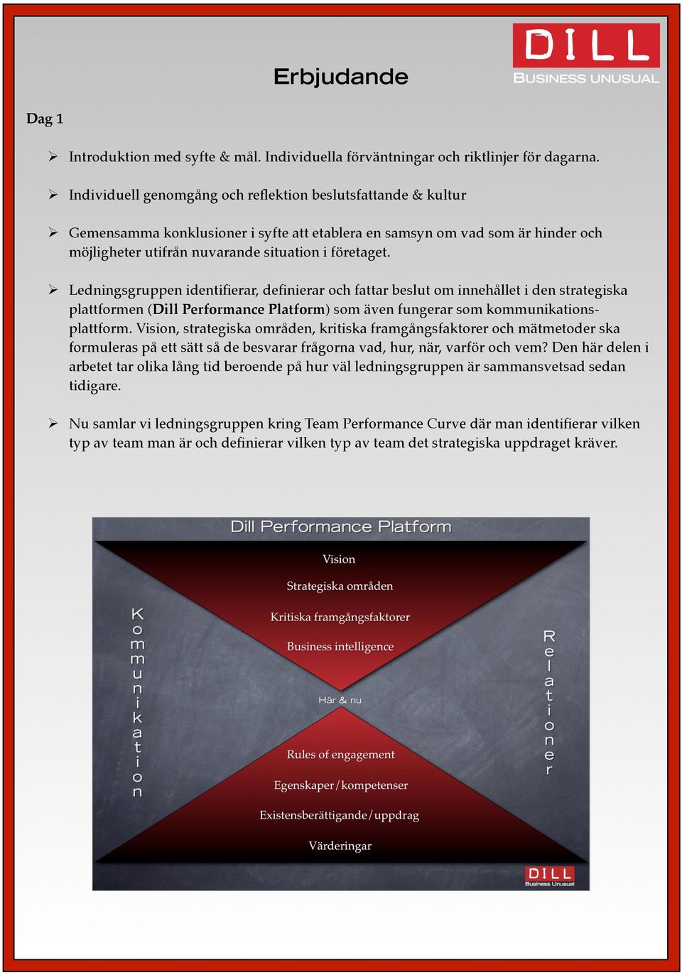 Ledningsgruppen identifierar, definierar och fattar beslut om innehållet i den strategiska plattformen (Dill Performance Platform) som även fungerar som kommunikationsplattform.