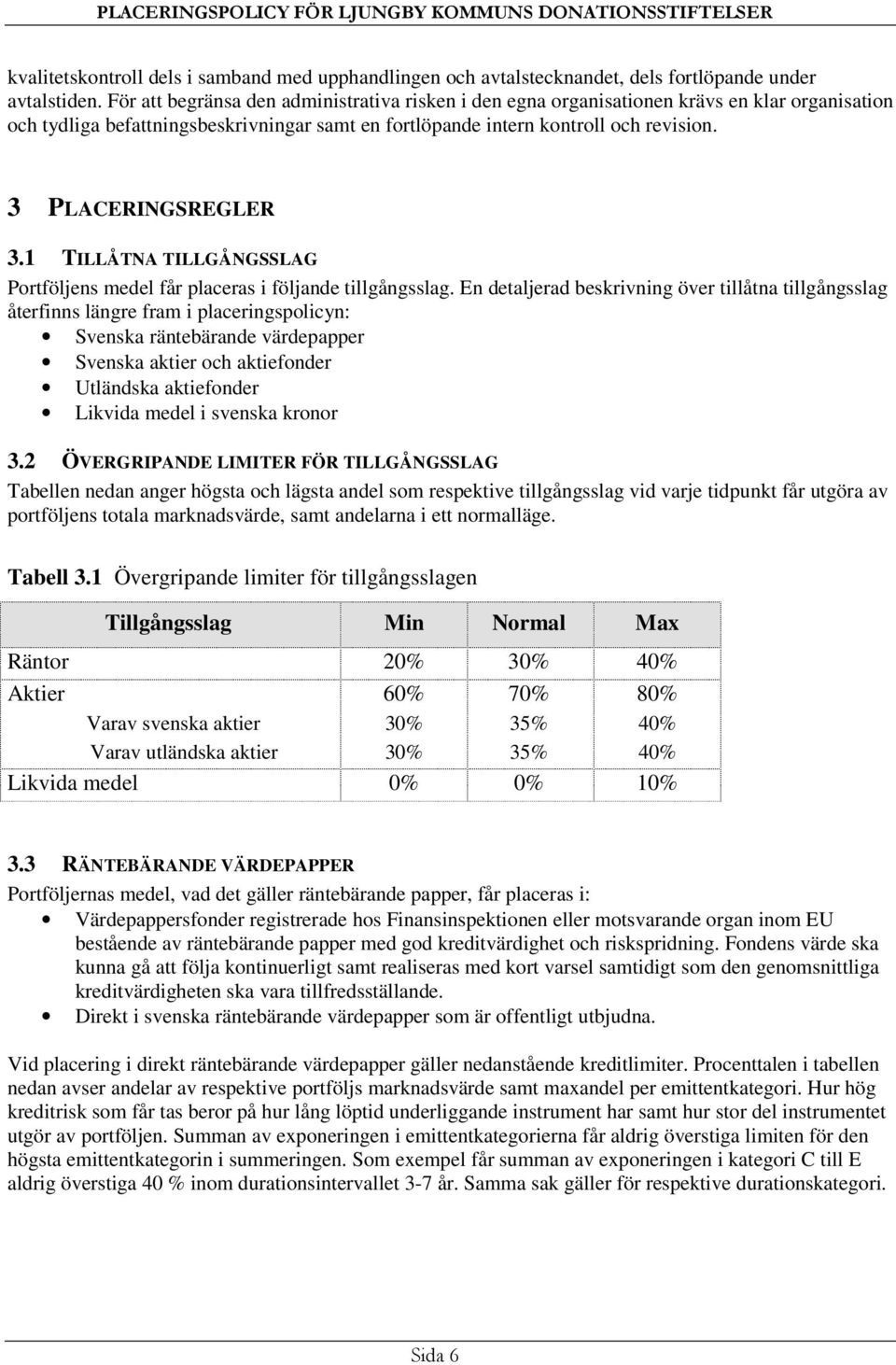 3 PLACERINGSREGLER 3.1 TILLÅTNA TILLGÅNGSSLAG Portföljens medel får placeras i följande tillgångsslag.