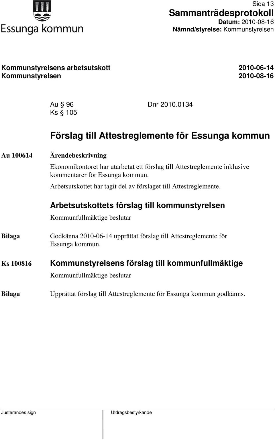 kommentarer för Essunga kommun. Arbetsutskottet har tagit del av förslaget till Attestreglemente.