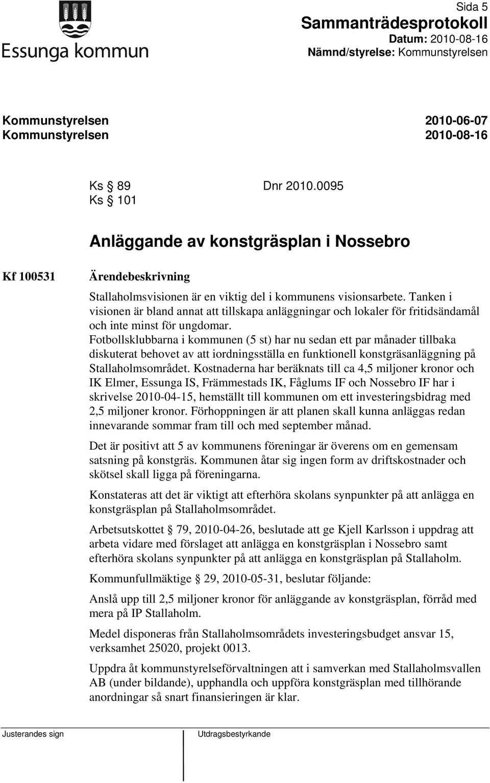 Fotbollsklubbarna i kommunen (5 st) har nu sedan ett par månader tillbaka diskuterat behovet av att iordningsställa en funktionell konstgräsanläggning på Stallaholmsområdet.