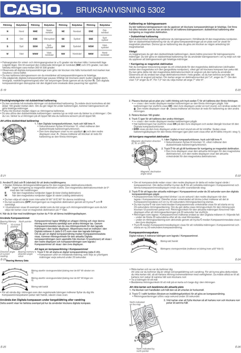 Om till exempel den indikerade riktningen är nordväst (W) och 315 grader, kan den faktiska riktningen vara mellan 300 till 330 grader.