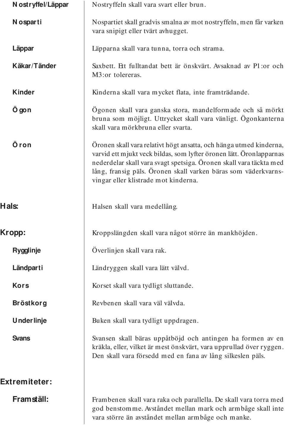 Avsaknad av P1:or och M3:or tolereras. Kinderna skall vara mycket flata, inte framträdande. Ögonen skall vara ganska stora, mandelformade och så mörkt bruna som möjligt. Uttrycket skall vara vänligt.