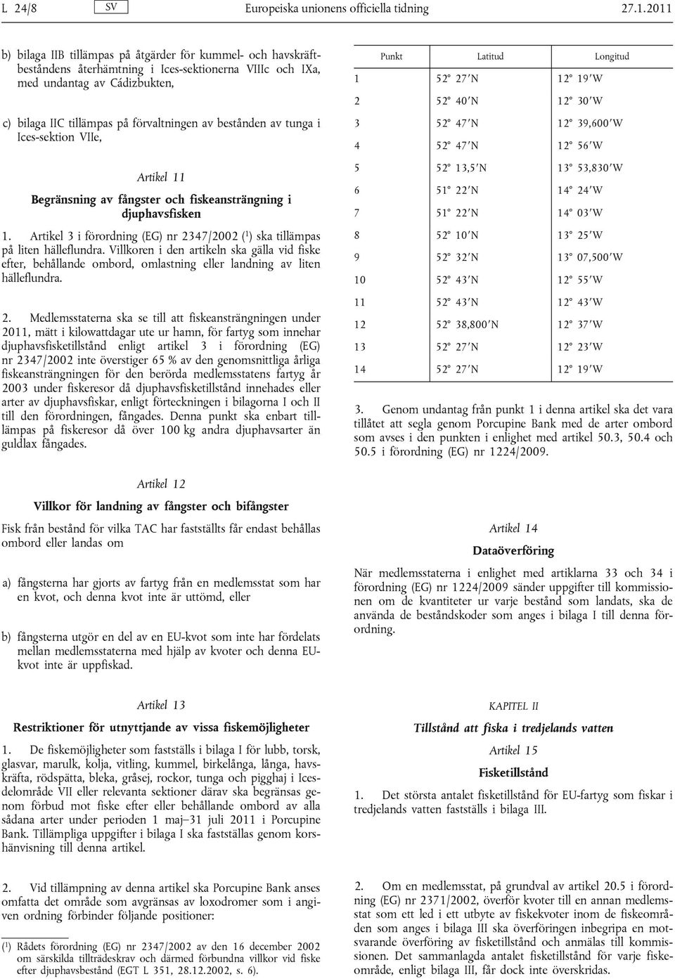 Ices-sektion VIIe, Artikel 11 Begränsning av fångster och fiskeansträngning i djuphavsfisken 1. Artikel 3 i förordning (EG) nr 2347/2002 ( 1 ) ska på liten hälleflundra.