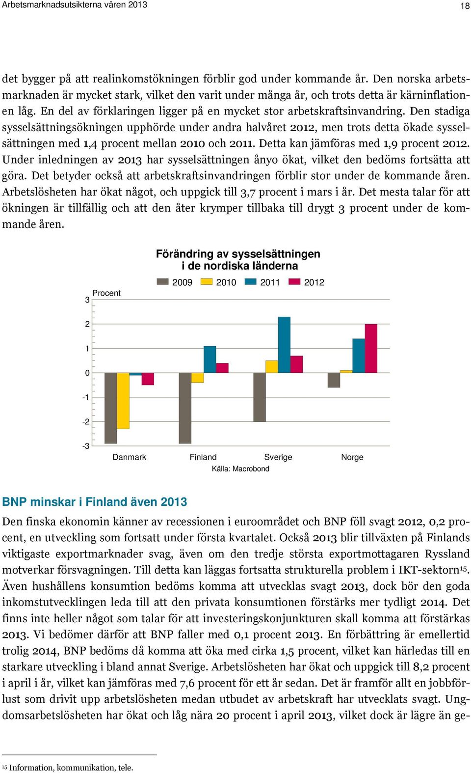 Den stadiga sysselsättningsökningen upphörde under andra halvåret 2012, men trots detta ökade sysselsättningen med 1,4 procent mellan 2010 och 2011. Detta kan jämföras med 1,9 procent 2012.