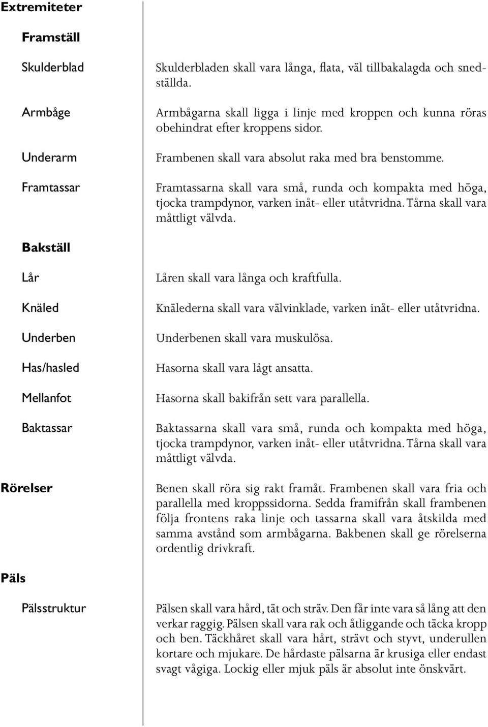 Framtassarna skall vara små, runda och kompakta med höga, tjocka trampdynor, varken inåt- eller utåtvridna. Tårna skall vara måttligt välvda.