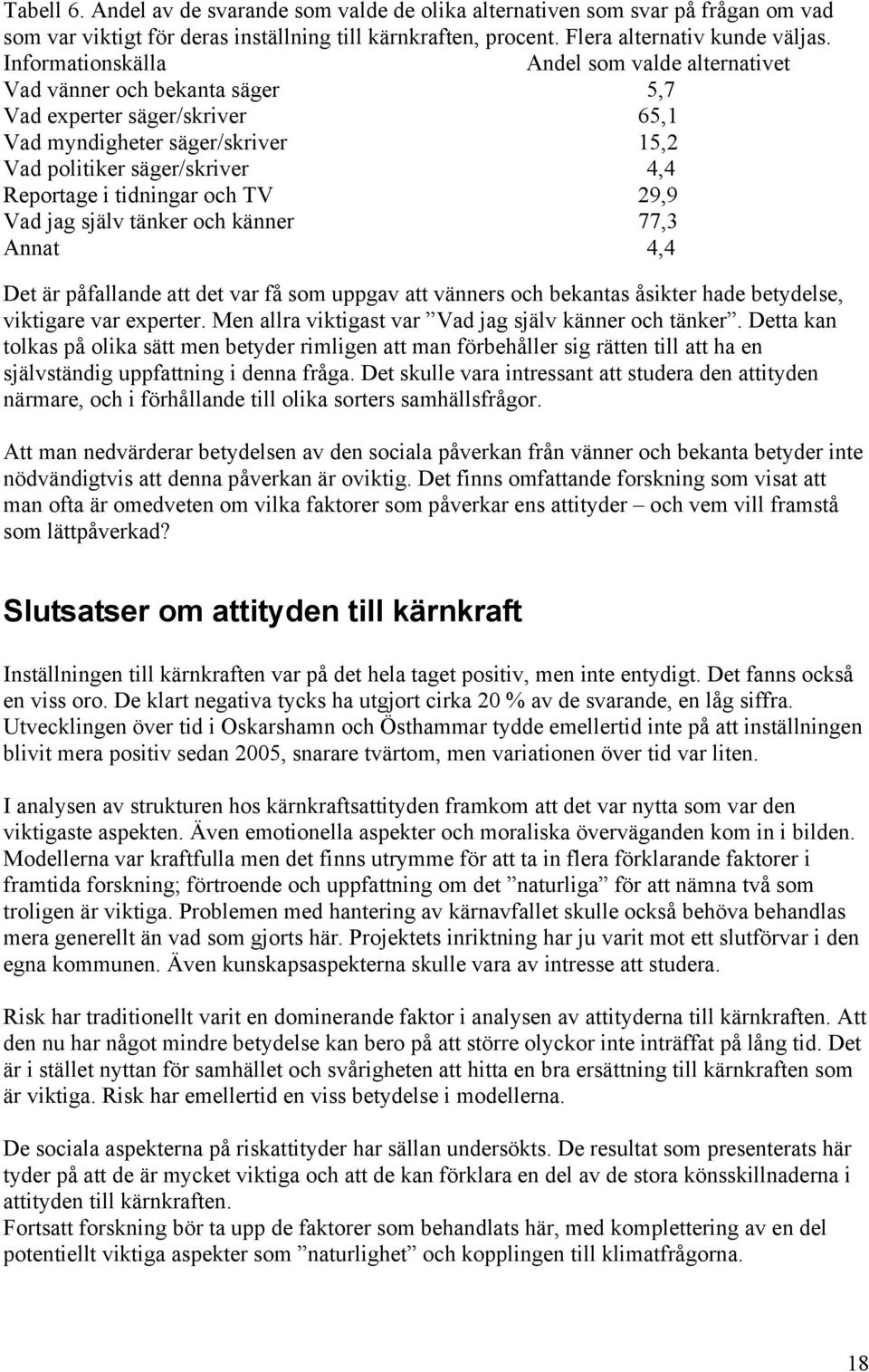 tidningar och TV 29,9 Vad jag själv tänker och känner 77,3 Annat 4,4 Det är påfallande att det var få som uppgav att vänners och bekantas åsikter hade betydelse, viktigare var experter.