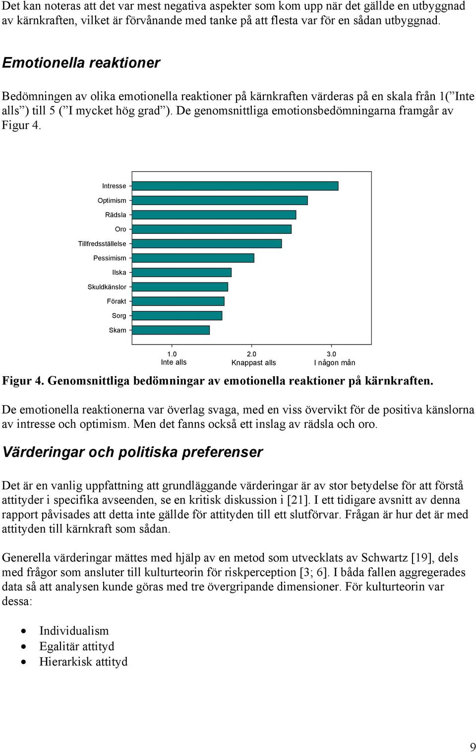 De genomsnittliga emotionsbedömningarna framgår av Figur 4. Intresse Optimism Rädsla Oro Tillfredsställelse Pessimism Ilska Skuldkänslor Förakt Sorg Skam 1.0 2.0 3.
