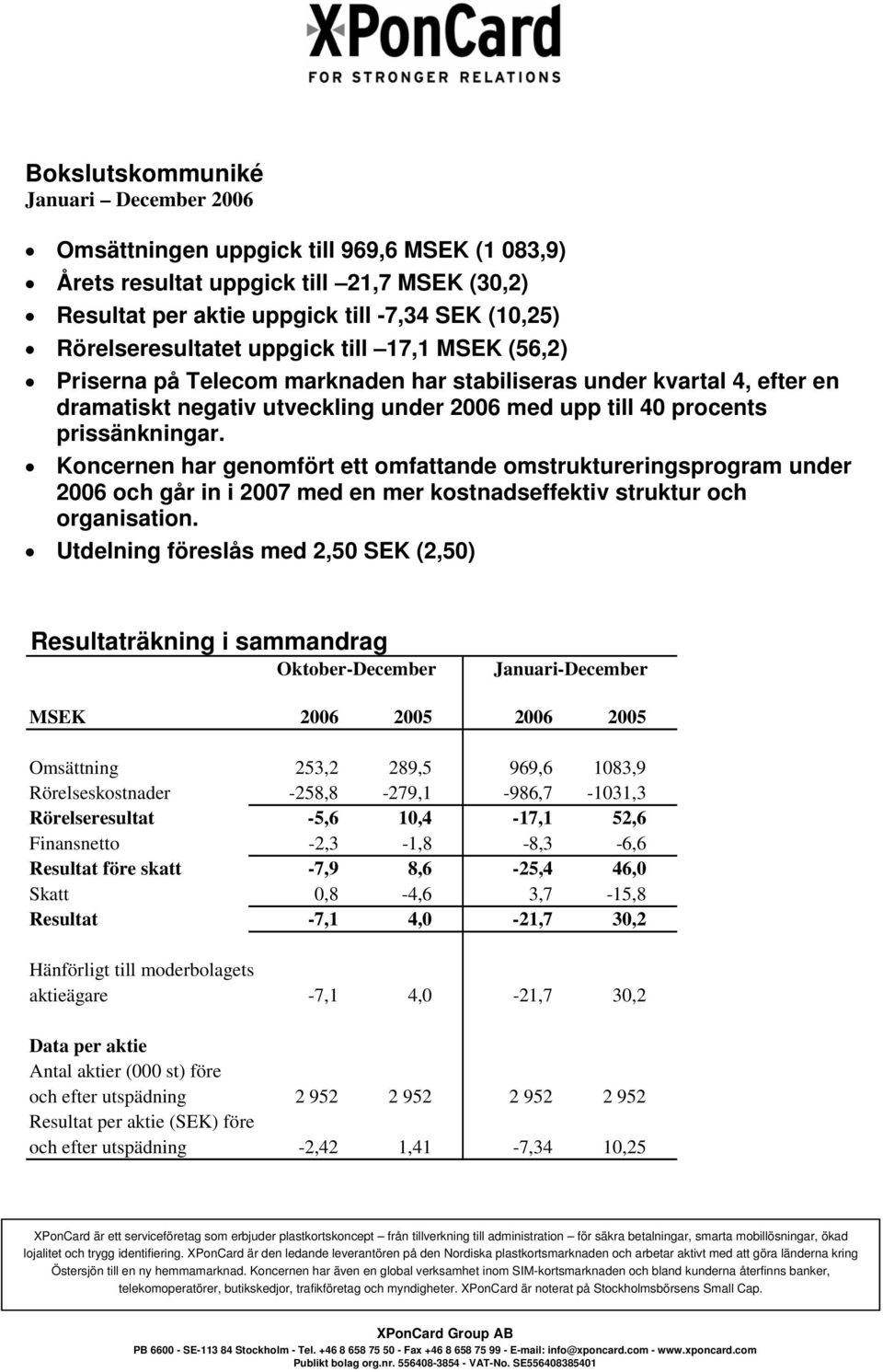 Koncernen har genomfört ett omfattande omstruktureringsprogram under 2006 och går in i 2007 med en mer kostnadseffektiv struktur och organisation.