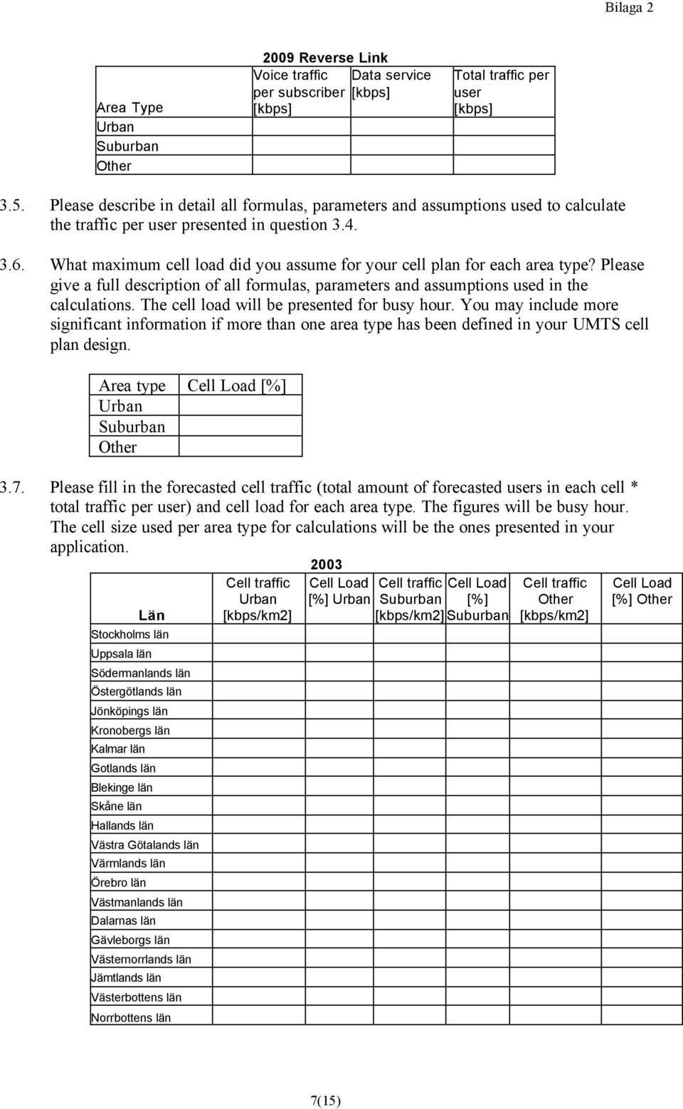 What maximum cell load did you assume for your cell plan for each area type? Please give a full description of all formulas, parameters and assumptions used in the calculations.