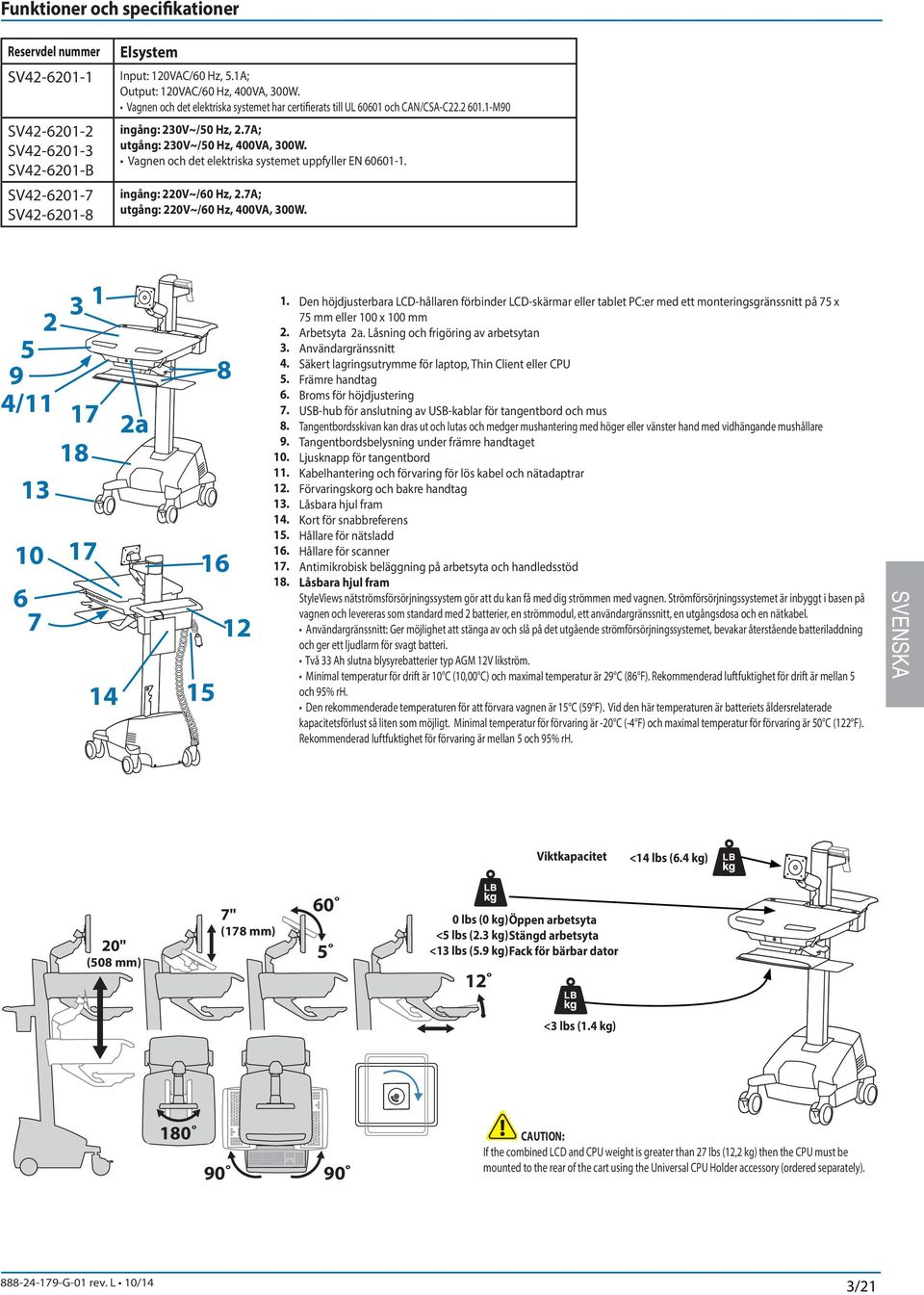 Vgnen och det elektrisk systemet uppfyller EN 60601-1. ingång: 220V~/60 Hz, 2.7A; utgång: 220V~/60 Hz, 400VA, 300W. 3 1 2 5 9 8 4/11 17 2 13 18 10 17 16 6 7 12 14 15 1.