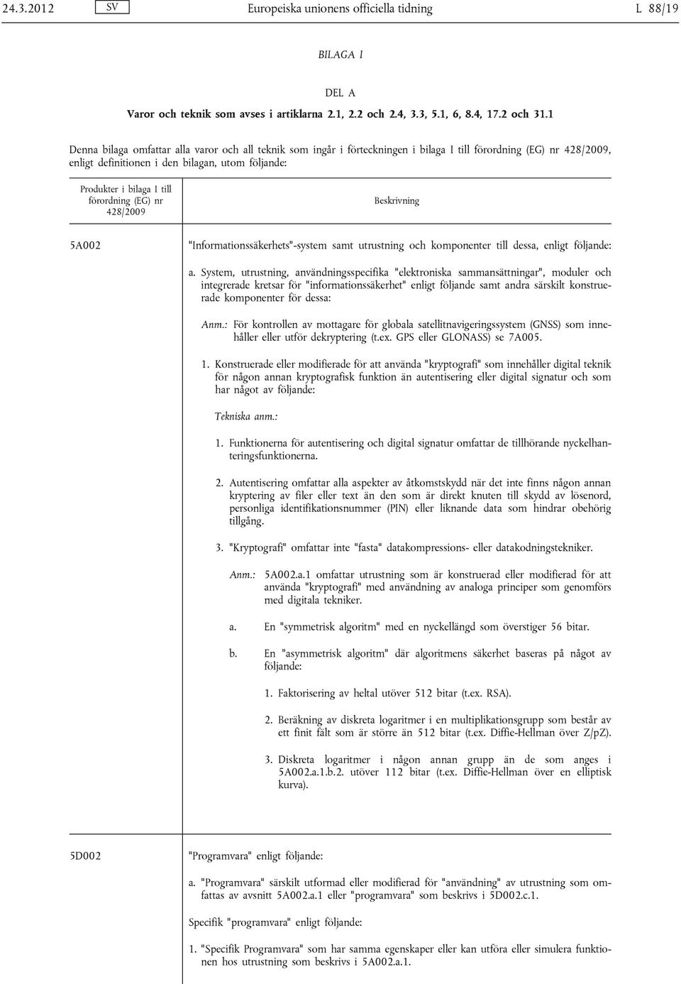 förordning (EG) nr 428/2009 Beskrivning 5A002 "Informationssäkerhets"-system samt utrustning och komponenter till dessa, enligt följande: a.