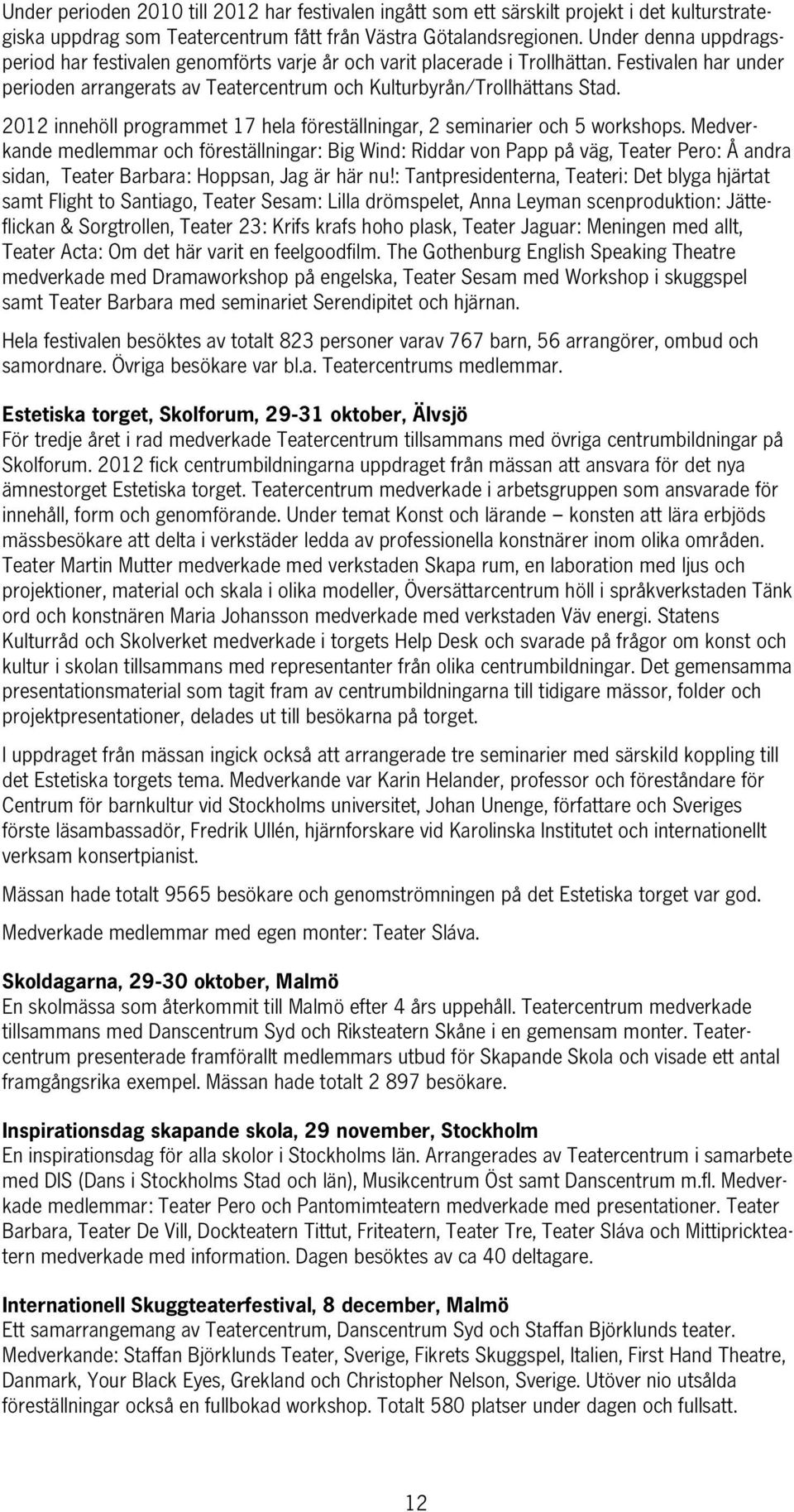 2012 innehöll programmet 17 hela föreställningar, 2 seminarier och 5 workshops.