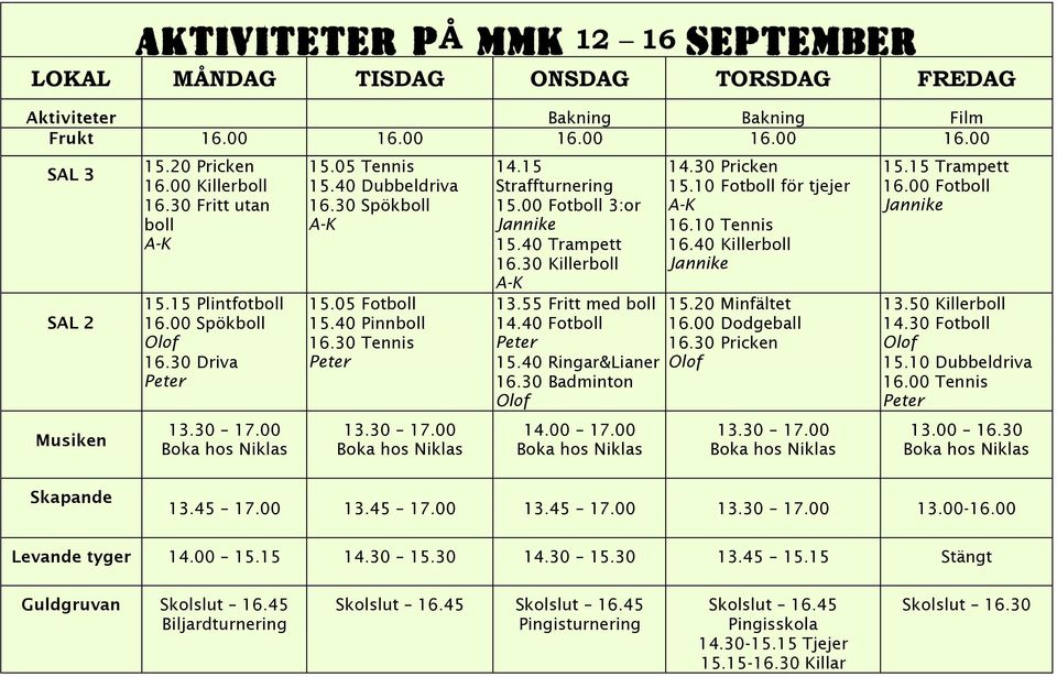 15 Straffturnering 15.00 Fotboll 3:or Jannike 15.40 Trampett 16.30 Killerboll 13.55 Fritt med boll 14.40 Fotboll 15.40 Ringar&Lianer 16.30 Badminton 14.00 17.00 14.30 Pricken 15.