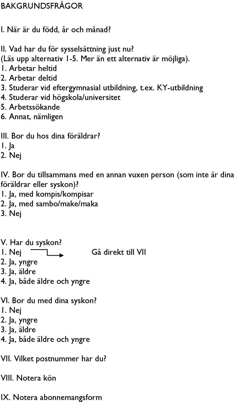 Bor du tillsammans med en annan vuxen person (som inte är dina föräldrar eller syskon)? 1. Ja, med kompis/kompisar 2. Ja, med sambo/make/maka 3. Nej V. Har du syskon? Gå direkt till VII 2.