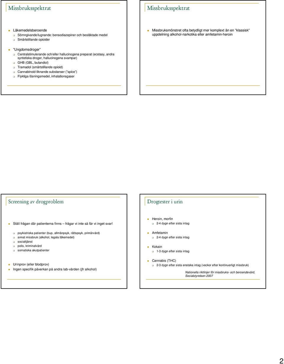 Tramadol (smärtstillande opioid) Cannabinoid-liknande substanser ( spice ) Flyktiga lösningsmedel, inhalationsgaser Screening av drogproblem Drogtester i urin Heroin, morfin Ställ frågan där